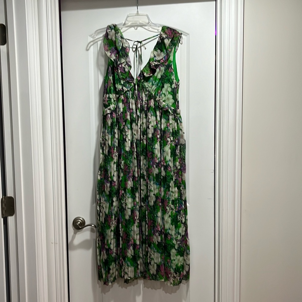 Green Floral Pleated and Ruffled Dress